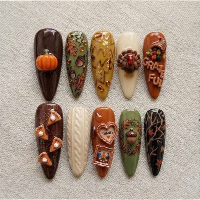 Thanksgiving Harvest Press-On Nails With 3D Pumpkins, Acorns and Autumn Details
