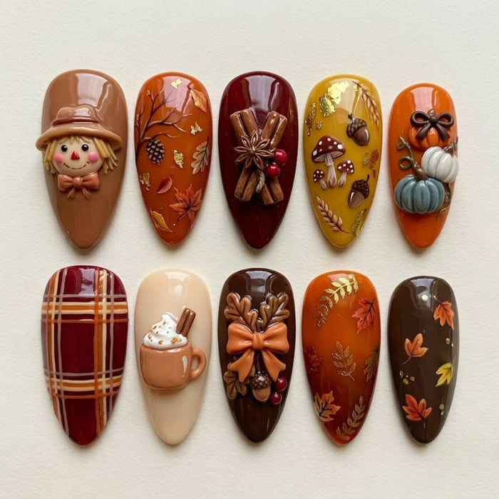 Thanksgiving Harvest Press On Nails With 3D Scarecrow, Pumpkin, Mushroom & Plaid Details