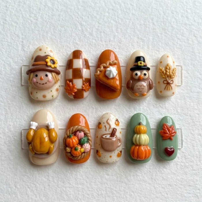 Thanksgiving Harvest Press On Nails With 3D Scarecrow, Turkey, Pumpkins and Autumn Details