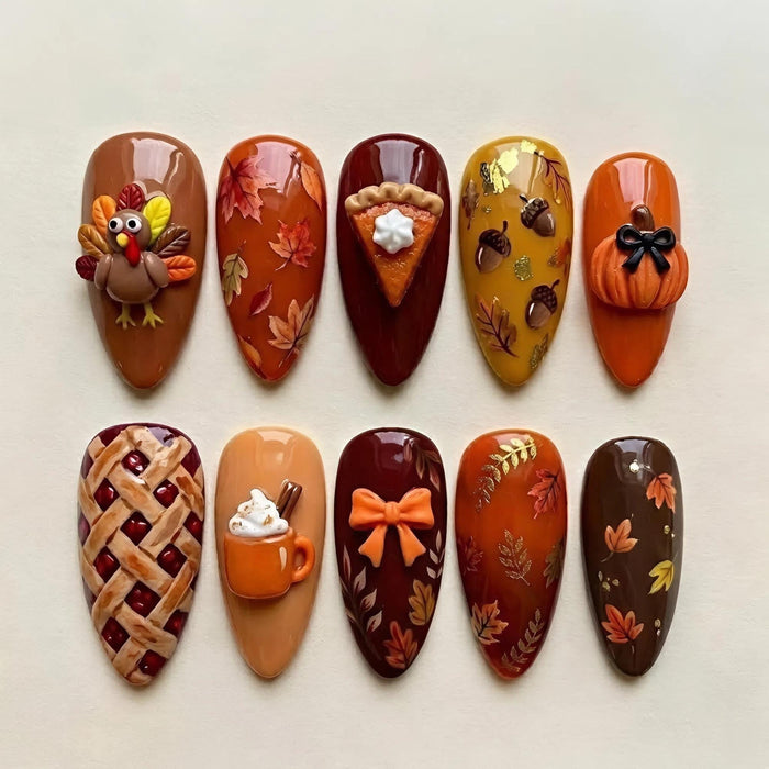 Thanksgiving Harvest Press On Nails With 3D Turkey, Pumpkin, Pie, Leaves and Acorns