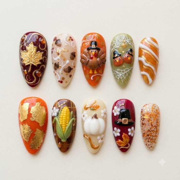 Thanksgiving Harvest Press On Nails With 3D Turkeys, Pumpkin, Corn, Plaid & Gold Foil