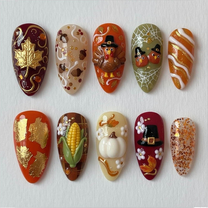 Thanksgiving Harvest Press On Nails With Acorns, Pumpkins, Corn and Gold Leaf