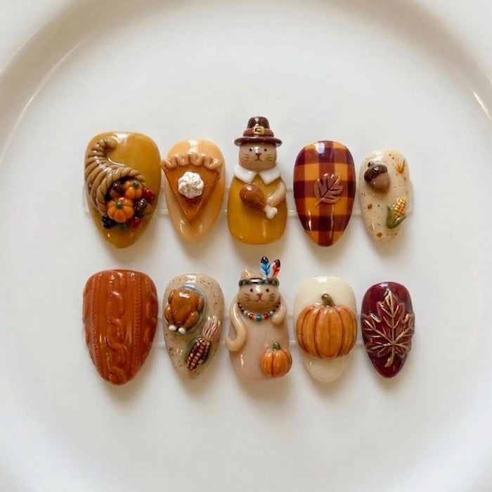 Thanksgiving Harvest Press On Nails With Cornucopia, Pumpkins, Plaid and Sculpted Animals