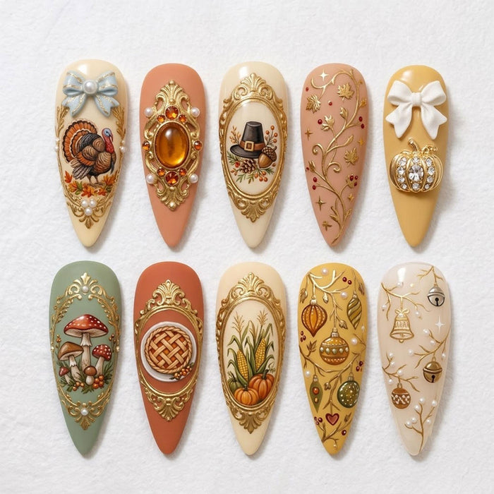 Thanksgiving Harvest Press On Nails with Gold Frames, Amber Gems, Bows and Autumn Illustrations