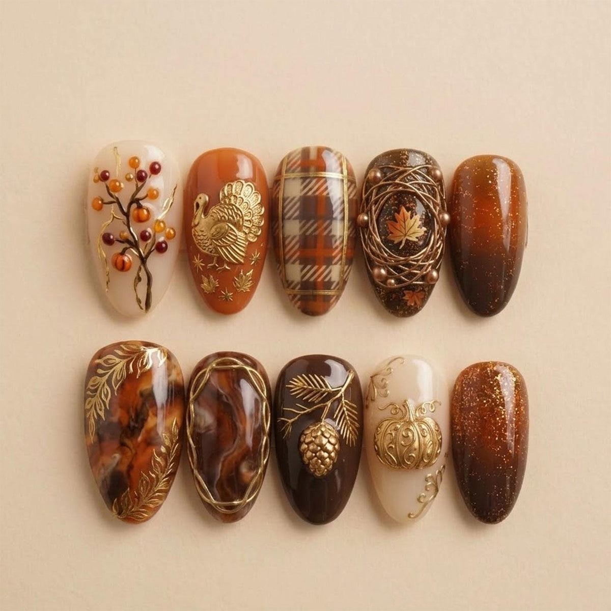 Thanksgiving Harvest Press-On Nails with Gold Turkey, Plaid, and Leaf Details