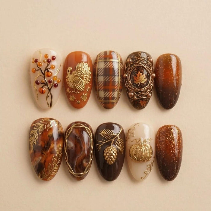 Thanksgiving Harvest Press-On Nails with Gold Turkey, Plaid, and Leaf Details