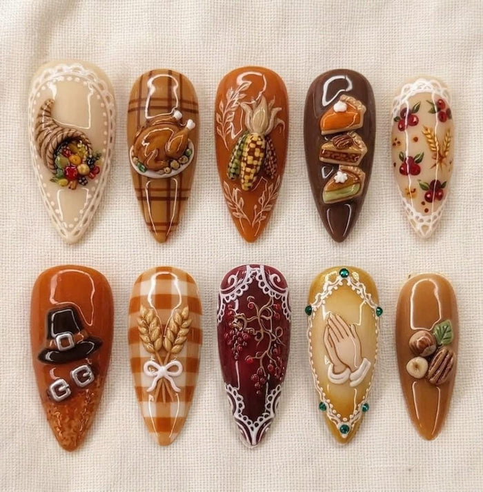 Thanksgiving Harvest Press On Nails With Plaid, Pie, Turkey, and Wheat Art