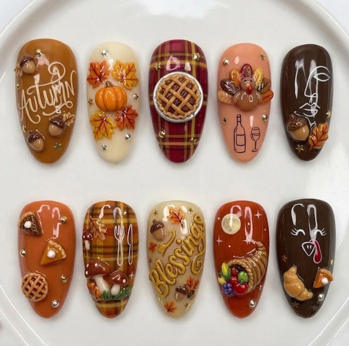 Thanksgiving Harvest Press On Nails With Plaid, Pumpkins, Leaves, and Turkey Details