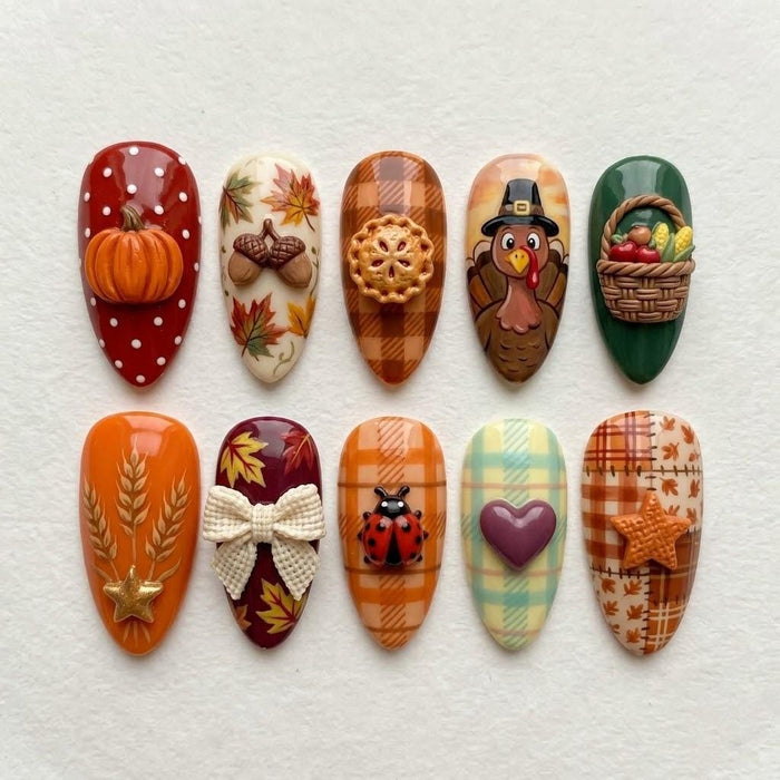 Thanksgiving Harvest Press-On Nails With Pumpkins, Turkey, Pie, and Plaid