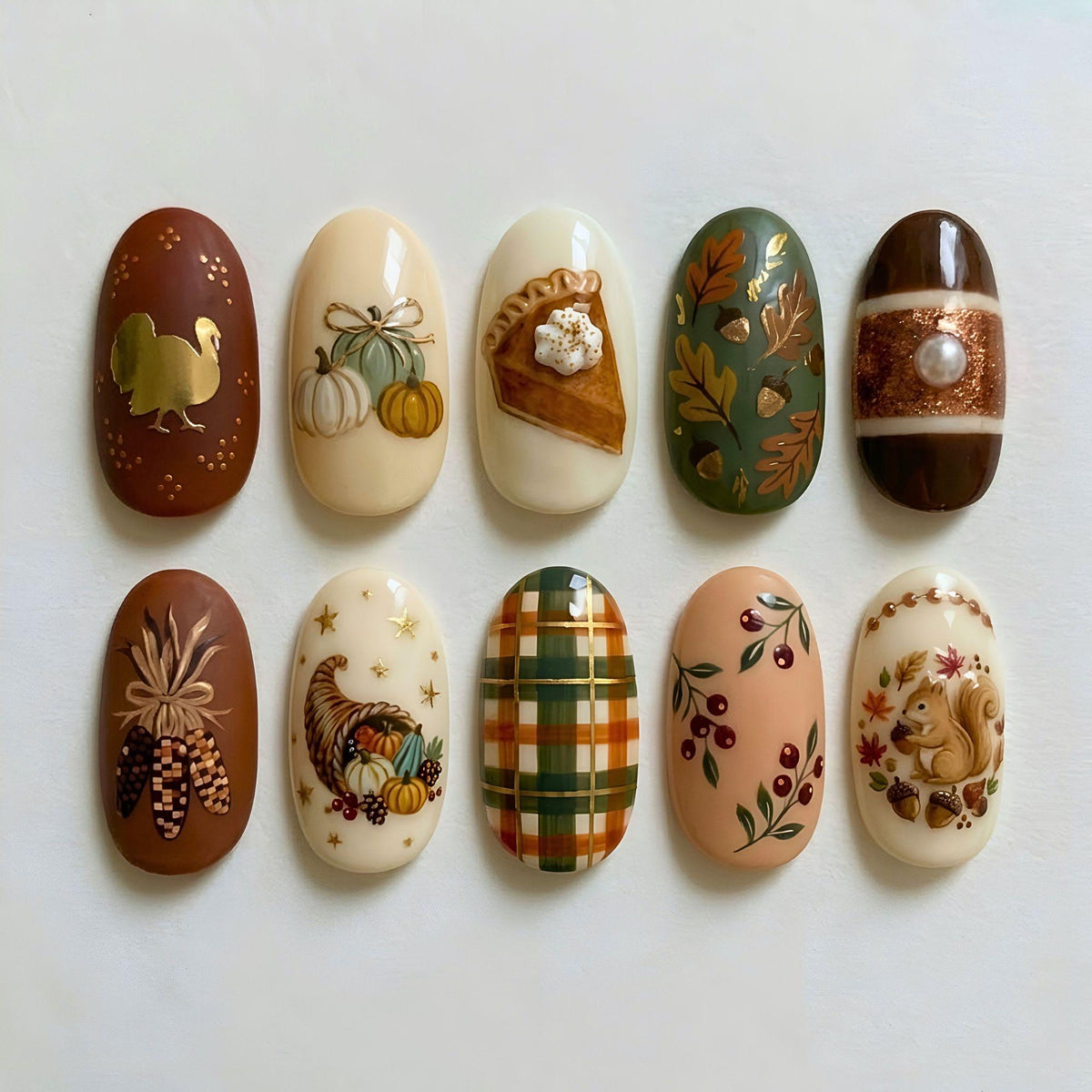 Thanksgiving Harvest Press On Nails With Pumpkins, Turkey, Plaid, and Squirrel Art