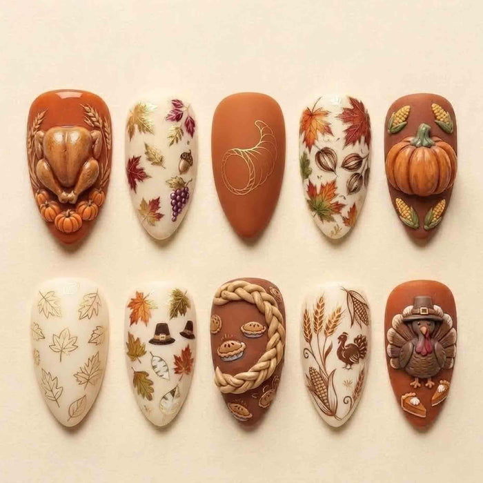 Thanksgiving Harvest Press On Nails With Raised Turkey, Pumpkin, and Autumn Leaves