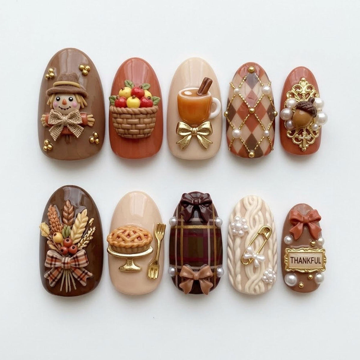 Thanksgiving Harvest Press-On Nails with Scarecrow, Pumpkin Pie, and Plaid Details