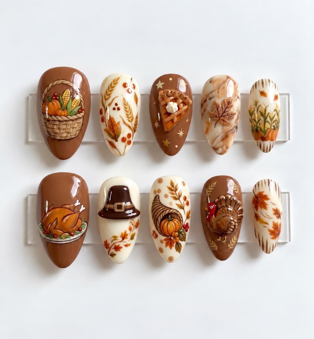 Thanksgiving Harvest Press On Nails With Turkey, Pie, Pumpkins and Fall Leaves
