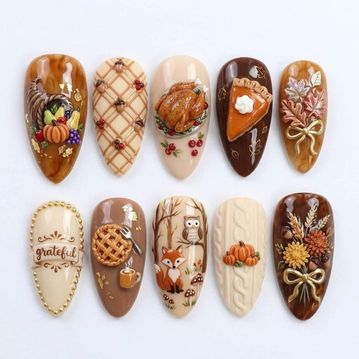 Thanksgiving Harvest Press On Nails With Turkey, Pie, Pumpkins & Woodland Animals