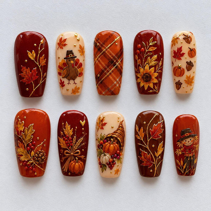 Thanksgiving Harvest Press-On Nails With Turkey, Pumpkins, Plaid and Fall Leaves