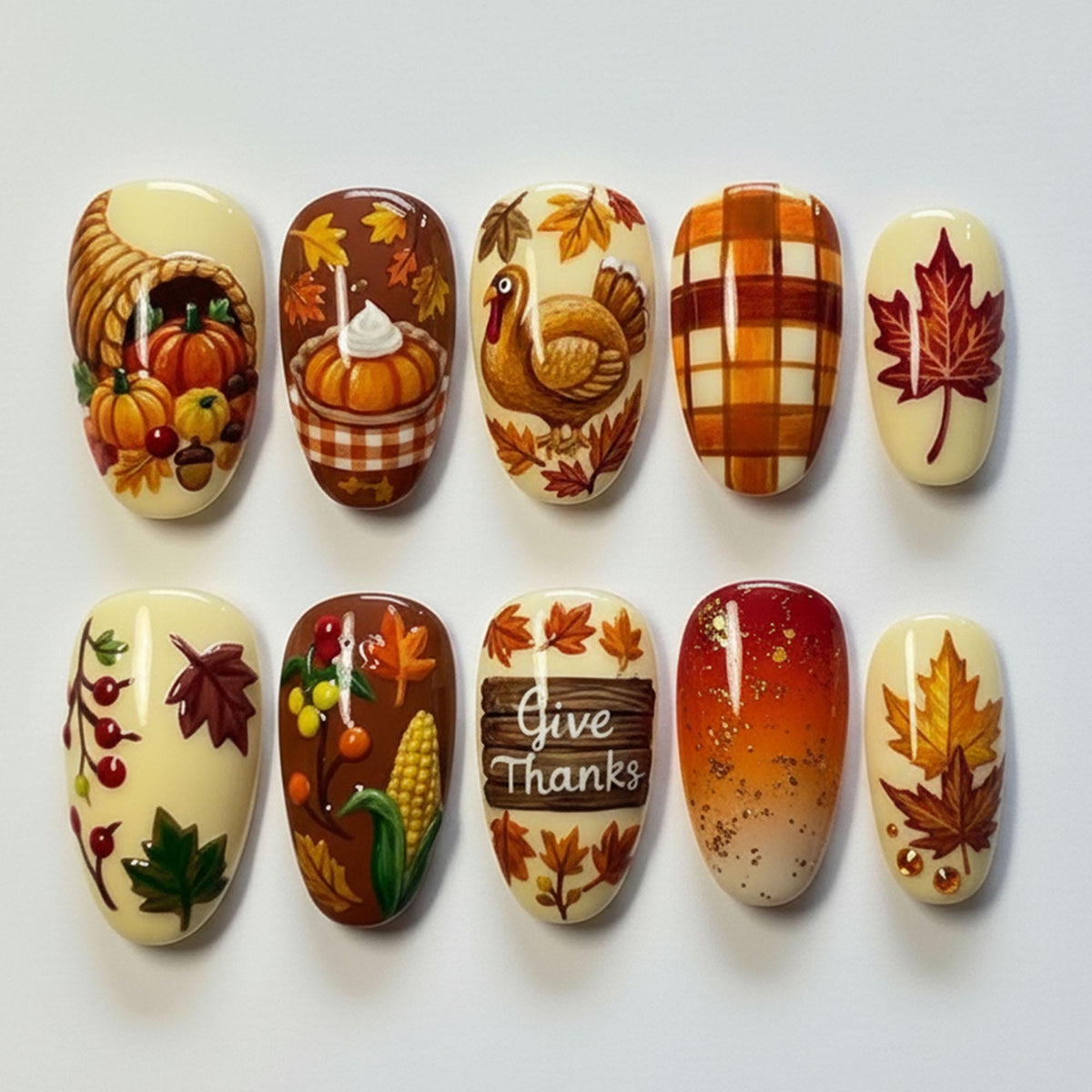 Thanksgiving Harvest Press-On Nails With Turkey, Pumpkin Pie, Plaid and Fall Leaves