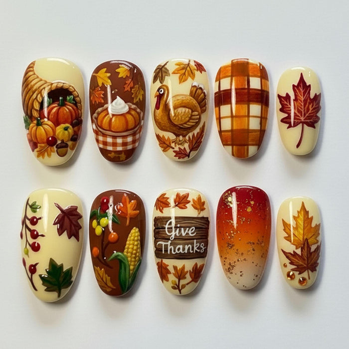 Thanksgiving Harvest Press-On Nails With Turkey, Pumpkin Pie, Plaid and Fall Leaves