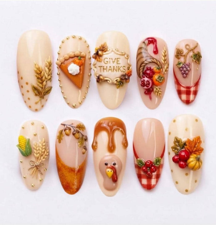 Thanksgiving Harvest Press On Nails With Turkey, Pumpkin Pie, Wheat and Gingham