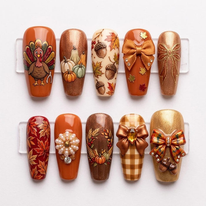 Thanksgiving Harvest Press-On Nails with Turkey, Pumpkins, Leaves and Bows