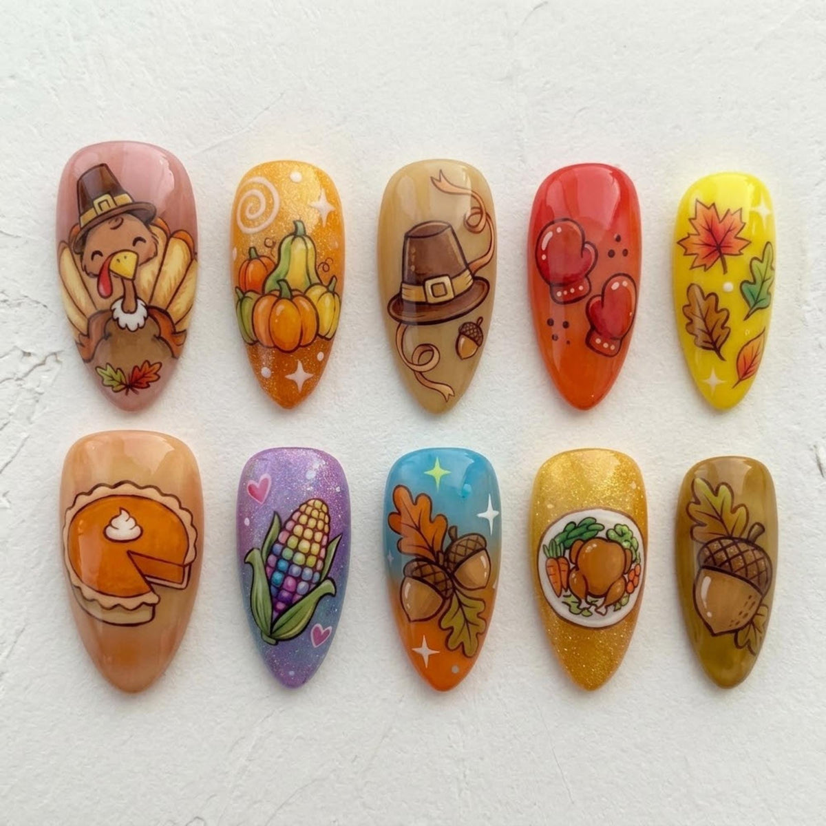 Thanksgiving Harvest Press-On Nails with Turkey, Pumpkin Pie, Corn, and Fall Leaves