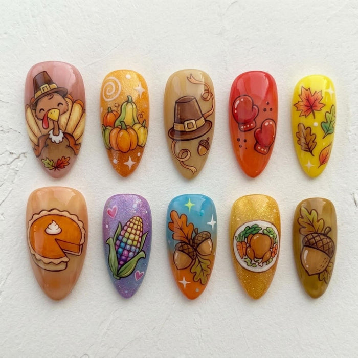 Thanksgiving Harvest Press-On Nails with Turkey, Pumpkin Pie, Corn, and Fall Leaves
