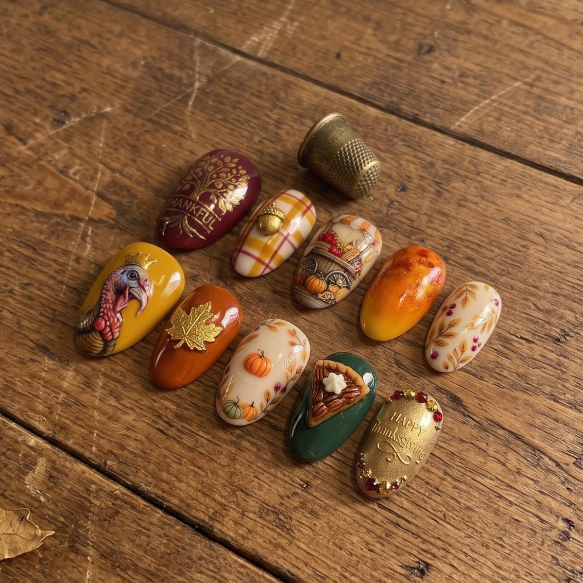 Thanksgiving Harvest Press On Nails With Turkey, Pumpkin, Pie, and Plaid Details