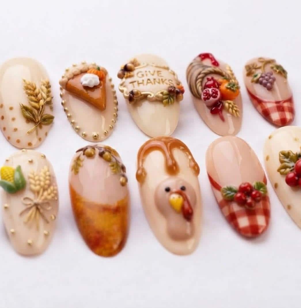 Thanksgiving Harvest Press On Nails With Turkey, Pumpkin Pie, Wheat and Gingham