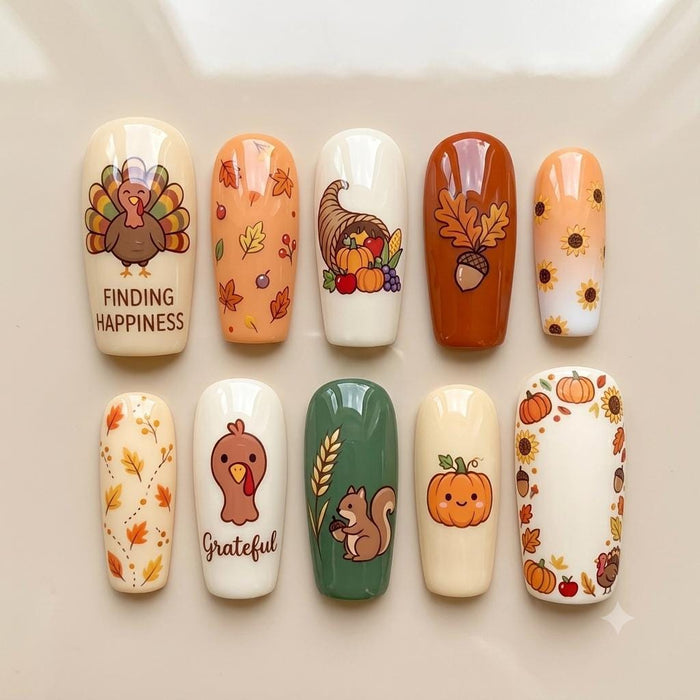 Thanksgiving Harvest Press On Nails With Turkeys, Pumpkins, Sunflowers, and Autumn Leaves