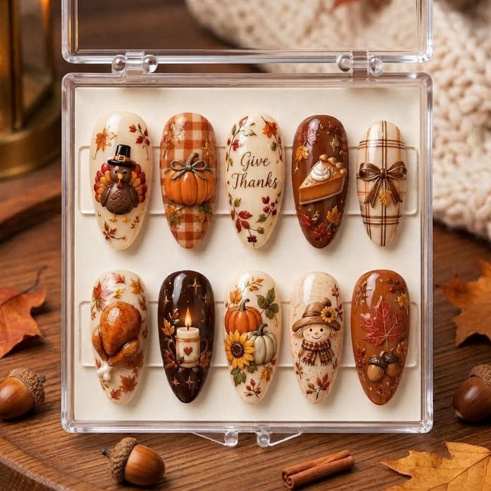 Thanksgiving Harvest Press On Nails With Turkeys, Pumpkins, Plaid, and Autumn Leaves