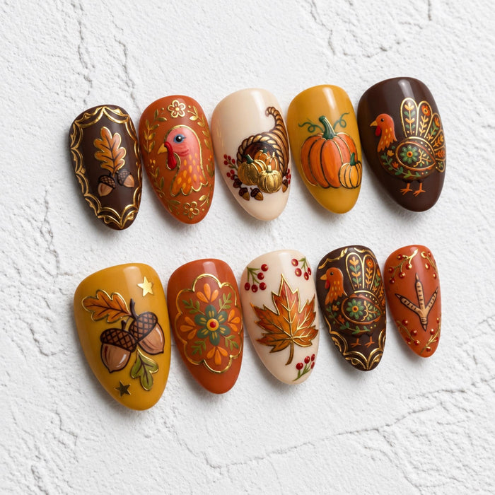 Thanksgiving Harvest Press-On Nails With Turkeys, Pumpkins, Acorns, and Autumn Leaves