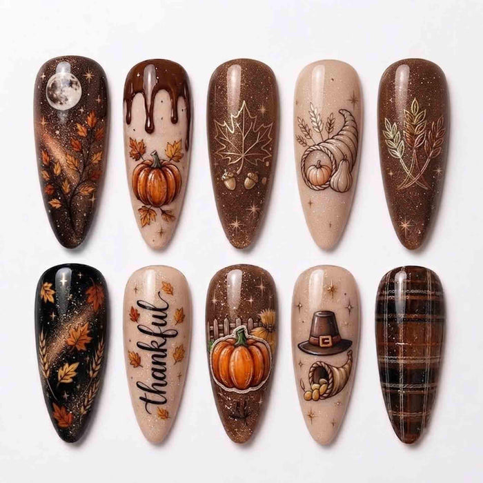 Thanksgiving Harvest Pumpkin and Maple Leaf Press On Nail Set