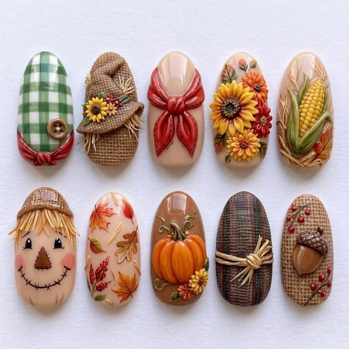Thanksgiving Harvest Scarecrow Nails with Plaid, Sunflowers and Pumpkins