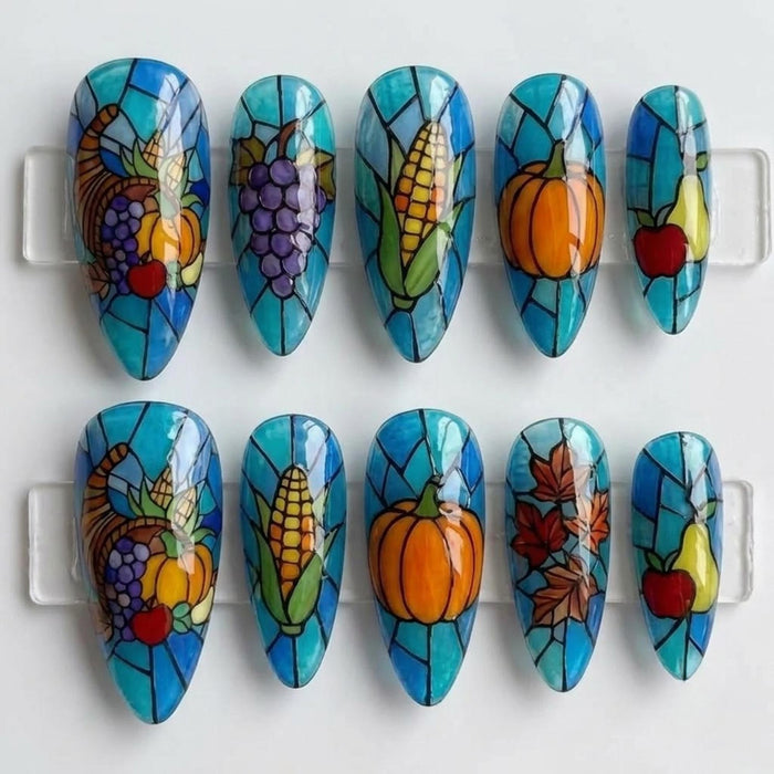 Thanksgiving Harvest Stained Glass Press On Nails in Turquoise and Blue