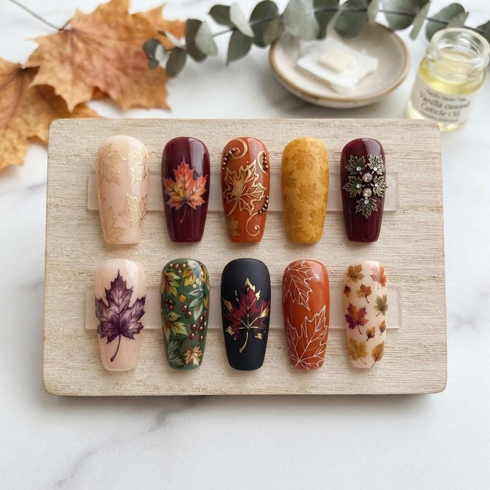 Thanksgiving Maple Leaf Press-On Nails in Burgundy, Rust, Mustard, Cream, Black and Green