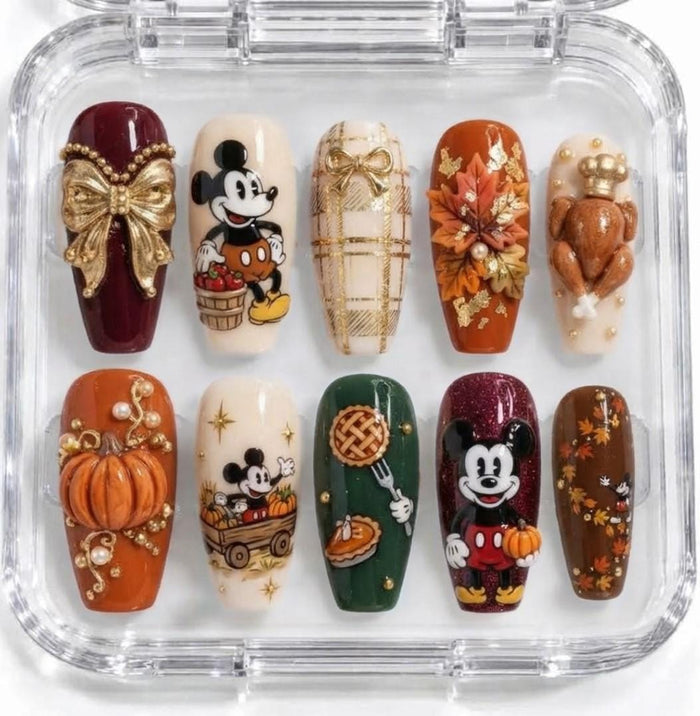 Thanksgiving Mouse Press On Nails With 3D Pumpkins, Fall Leaves, and Gold Accents