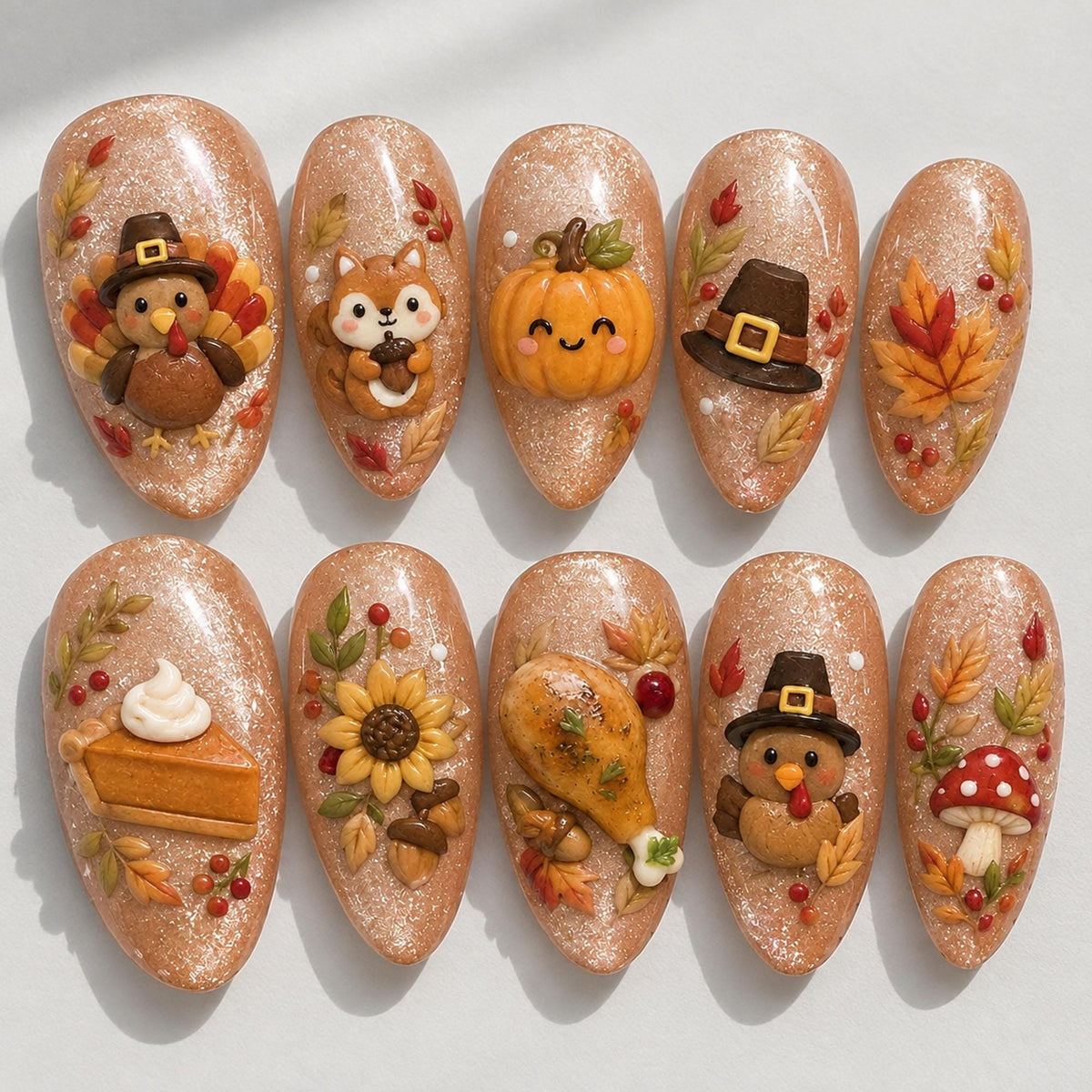 Thanksgiving Nails With 3D Turkeys, Pumpkin, Pie, Sunflower and Autumn Leaves
