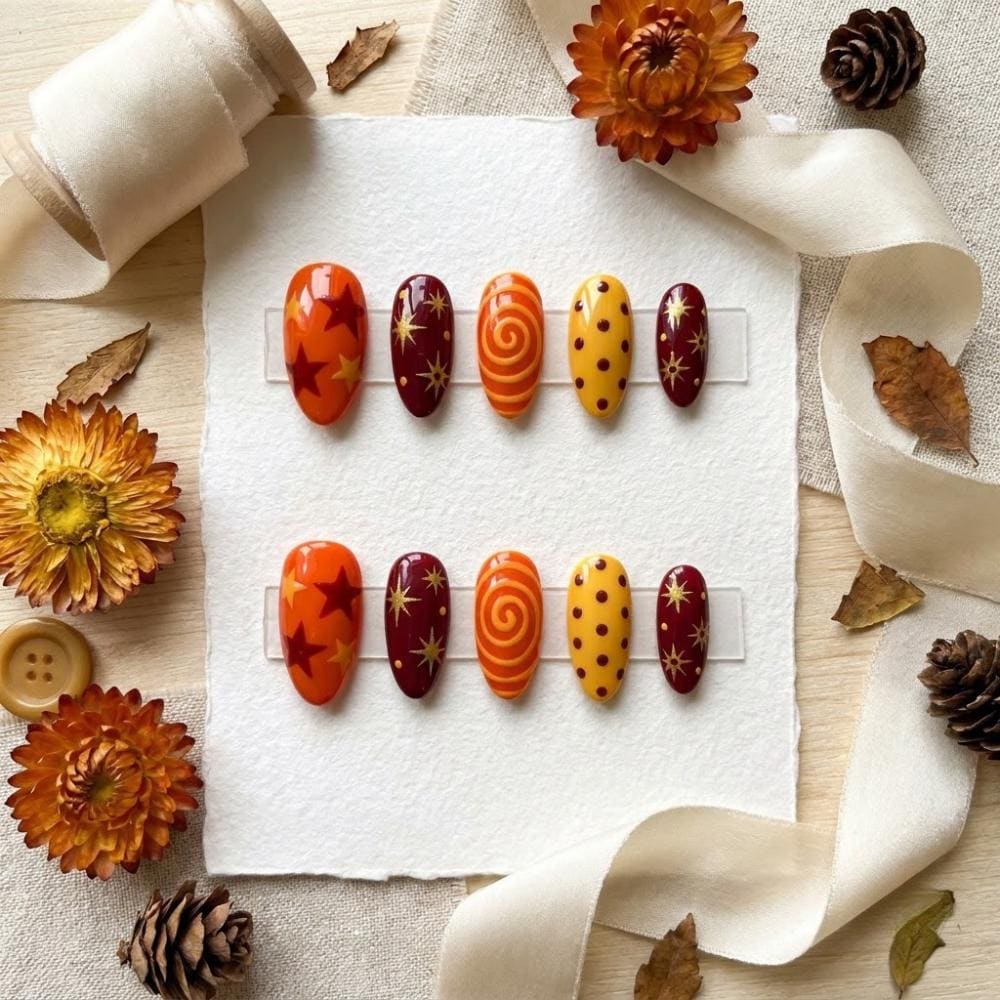 Thanksgiving Orange and Burgundy Starburst Swirl Press On Nails