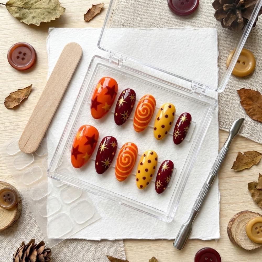 Thanksgiving Orange and Burgundy Starburst Swirl Press On Nails