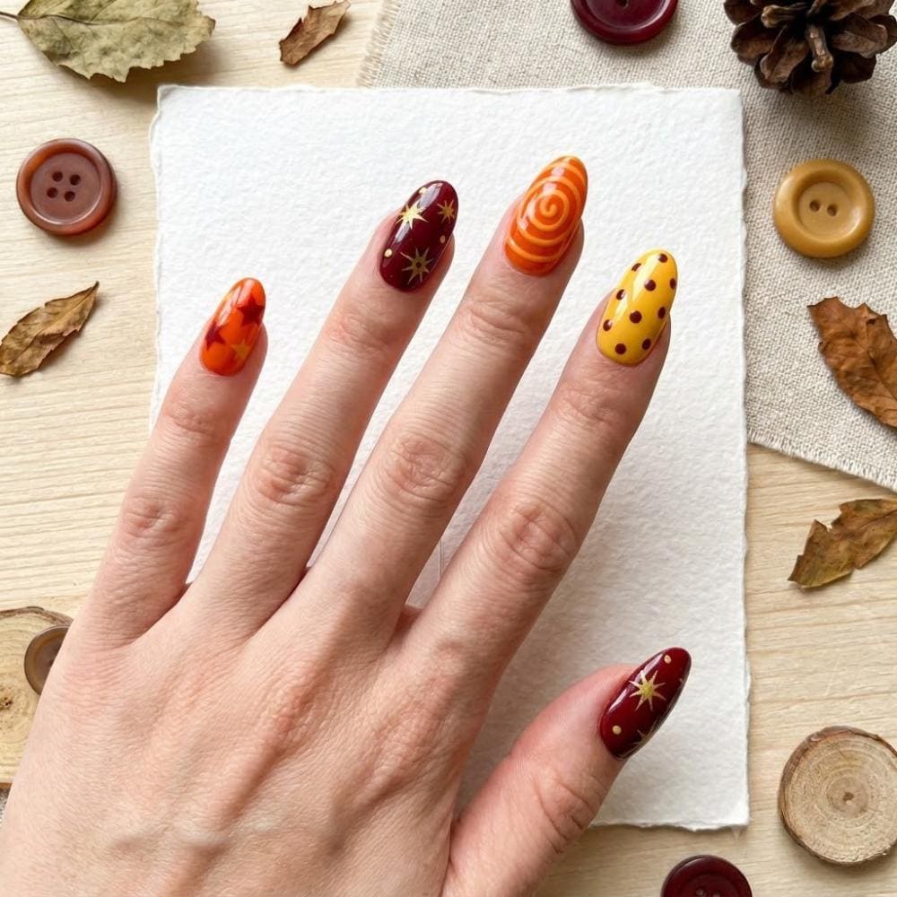 Thanksgiving Orange and Burgundy Starburst Swirl Press On Nails