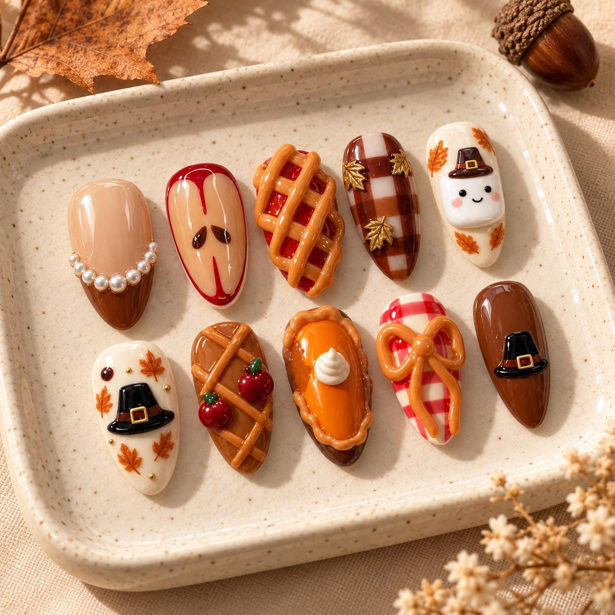 Thanksgiving Pie and Pilgrim Hat Nail Set with Gingham, Apples, and 3D Bow