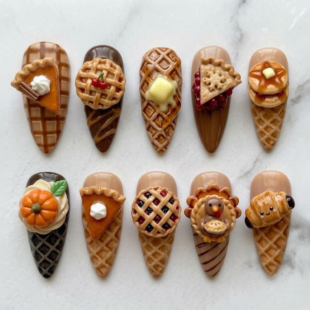 Thanksgiving Pie and Waffle Press On Nails With 3D Dessert Art