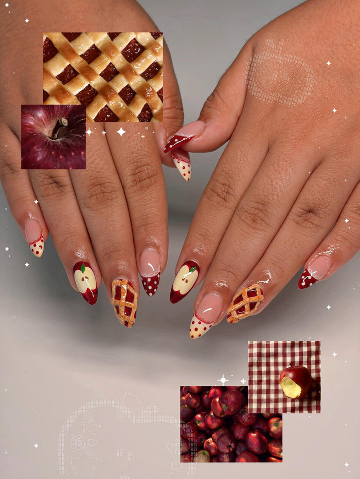Thanksgiving Pie Press On Nails With Burgundy Polka Dot French Tips