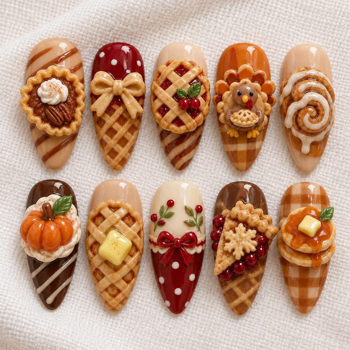 Thanksgiving Pie, Waffle, Pumpkin and Turkey 3D Press On Nails