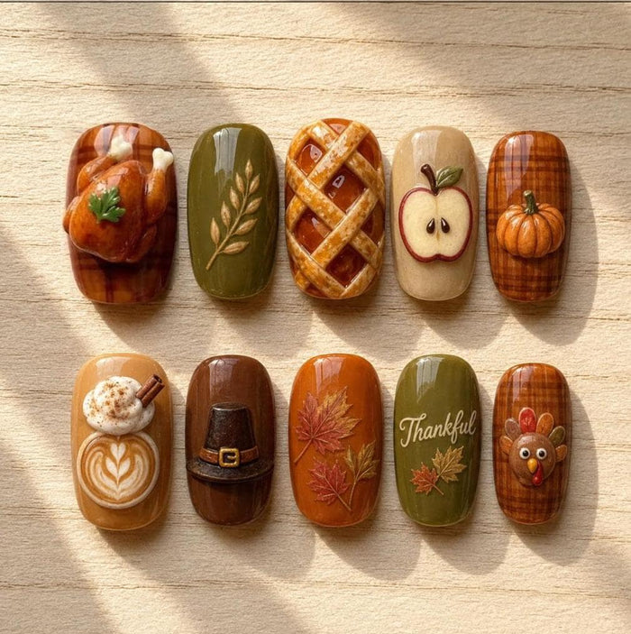 Thanksgiving Plaid Press On Nails With Pumpkins, Pie, Apple and Turkey Art