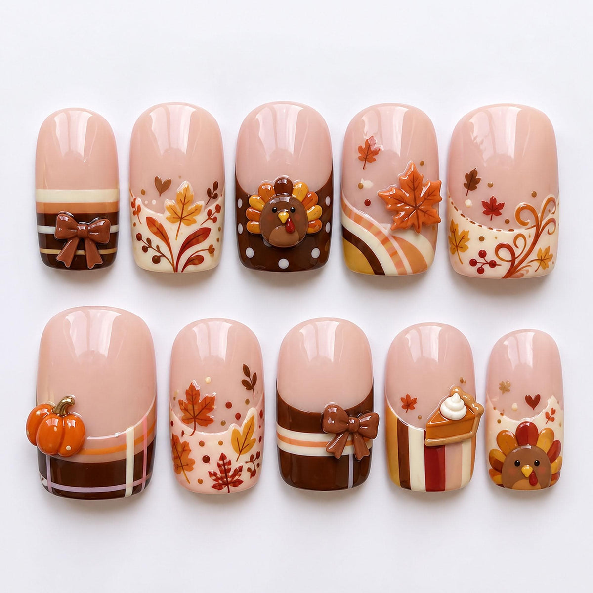 Thanksgiving Press On Nail Set with 3D Turkeys, Pumpkins, Autumn Leaves and Brown Plaid