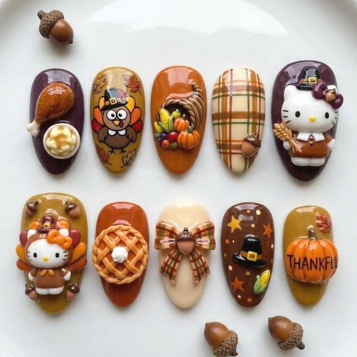 Thanksgiving Press On Nail Set With Plaid, Pie and 3D Harvest Details