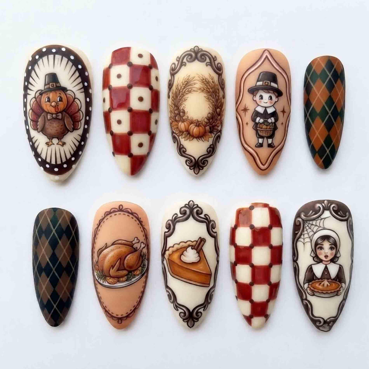 Thanksgiving Press On Nail Set With Turkey, Pilgrim, Pumpkin Pie and Fall Patterns