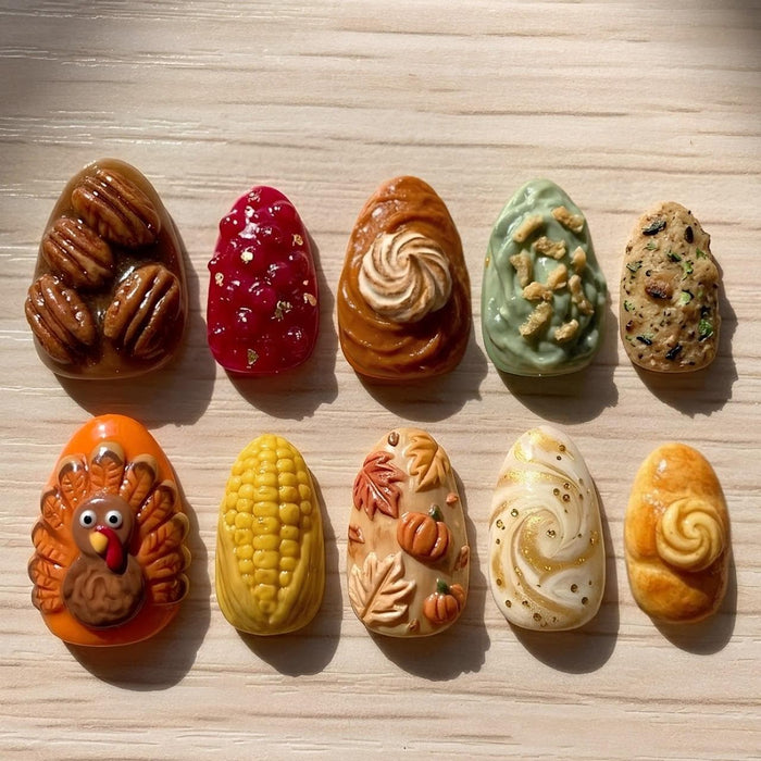 Thanksgiving Press-On Nails With 3D Autumn Food Art