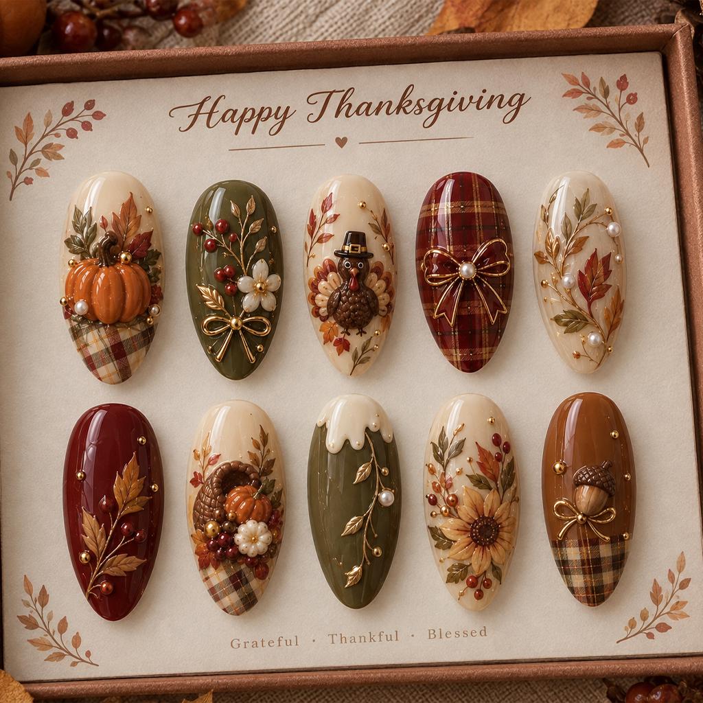 Thanksgiving Press-On Nails With 3D Pumpkins, Autumn Florals, and Burgundy Plaid