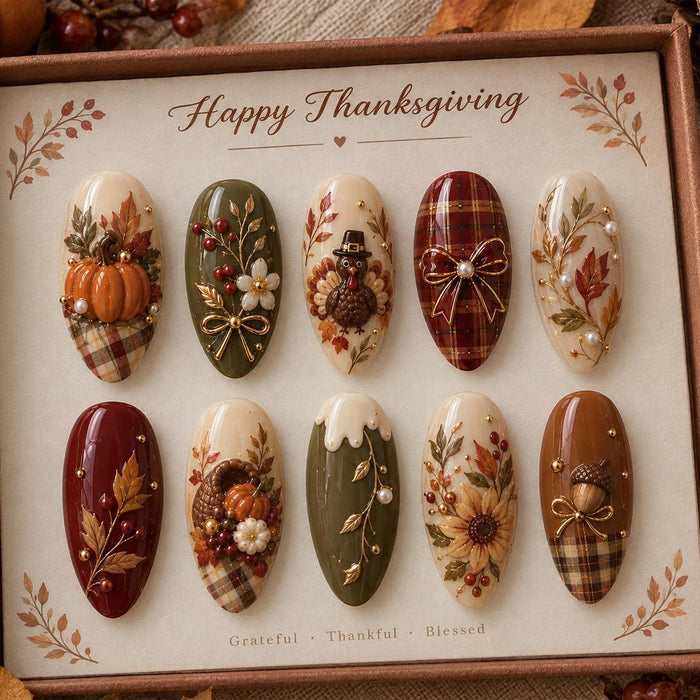 Thanksgiving Press-On Nails With 3D Pumpkins, Autumn Florals, and Burgundy Plaid